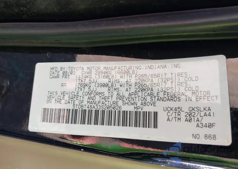 2003 Toyota Sequoia Limited V8 z USA, uszkodzony, nr VIN 5TDBT48A33S205026